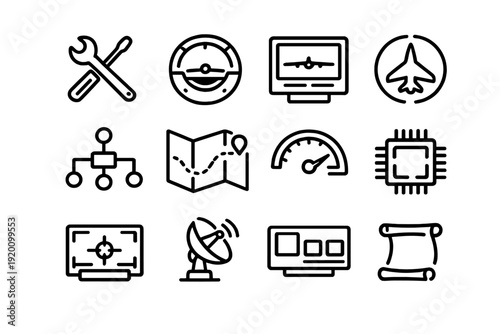 Aviation and aerospace technology line icon set with airplane navigation tools satellite dish and electronic components
