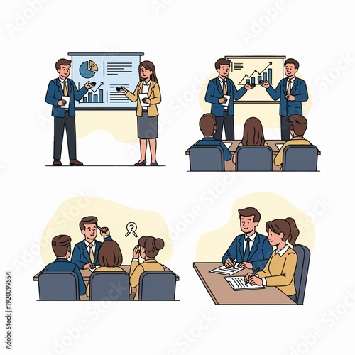 Business meeting presentation and team discussion for corporate strategy and project planning