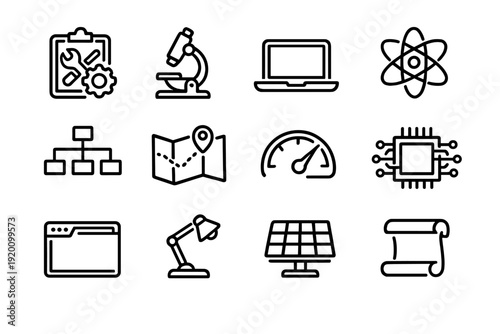 Set of technology and science line icons including microscope atom solar panel microchip and laptop on white background
