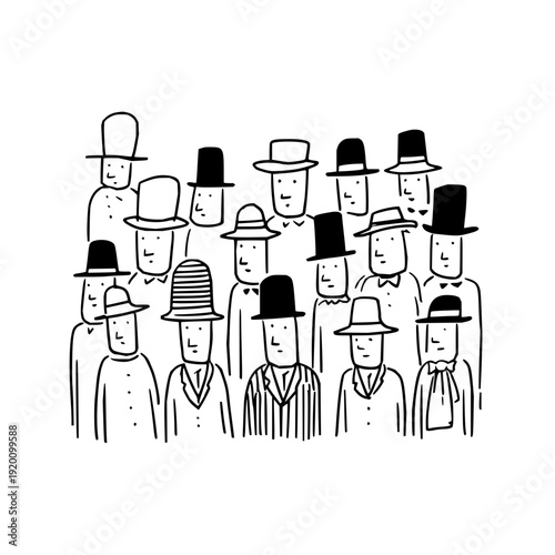 A group of diverse cartoon men wearing various hats and suits standing together in a crowd simple line drawing