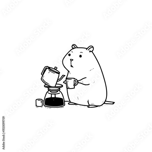 A cute hamster pouring coffee from a kettle into a cup enjoying a quiet morning moment with a coffee maker