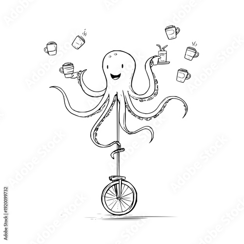 Smiling octopus rides unicycle juggling coffee cups in whimsical line art illustration