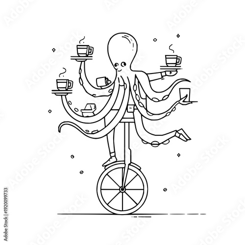Octopus balancing coffee cups on trays while riding a unicycle in a whimsical illustration