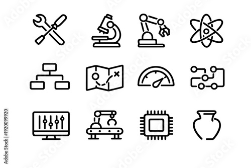 Industrial and scientific line icons representing technology manufacturing engineering research and development processes