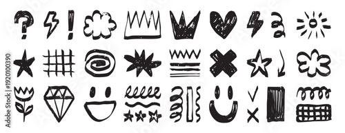 Graffiti sketch symbols set collection doodle hand drawn icon. Outline drawing crown star heart line clipart symbol.