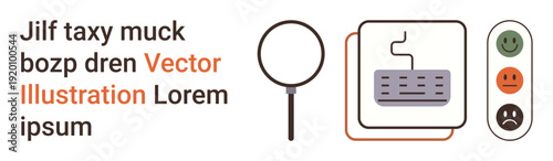 Online reviews, usability testing, feedback systems, digital analysis, customer satisfaction, quality control. Keyboard, magnifying glass happy face feedback icons. Usability testing and feedback