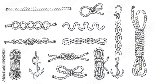 Nautical Knots and Rope Illustrations: Anchor, Bowline, Figure Eight, Coil