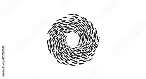 School of Fish Swirling in Circular Pattern on White Background