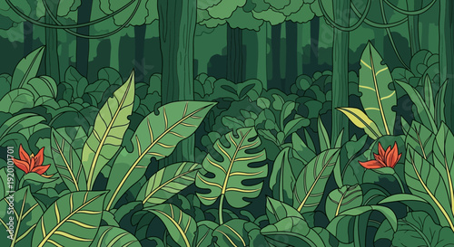 Dense jungle foliage illustration featuring exotic plants and flowers from a close-up viewpoint