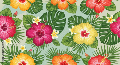 Tropical flowers and leaves pattern viewed from directly above in a seamless design
