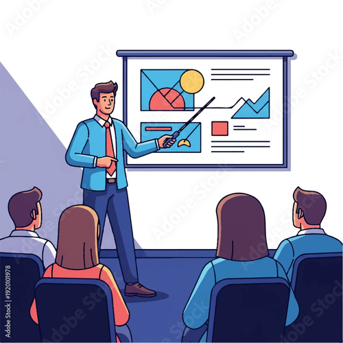 A man in business attire presents a colorful graph on a projector screen to a group of attentive office workers in a meeting room with a professional and informative mood.