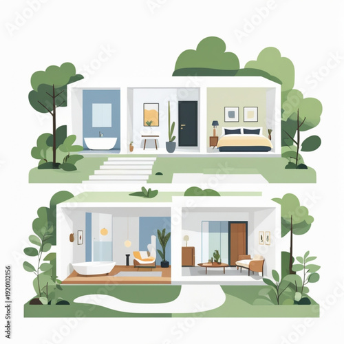 A modern house with a cutaway view of its interior and exterior design