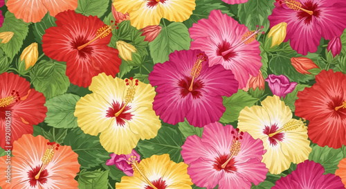 Vibrant floral pattern featuring hibiscus flowers in various colors amidst lush green leaves viewed from directly above