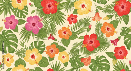 Vibrant Tropical Flowers and Leaves Pattern Viewed from Above in a Lush Environment