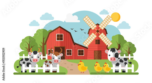 Farm scene with cows, ducks, barn, windmill, and trees viewed from the front in a rural landscape