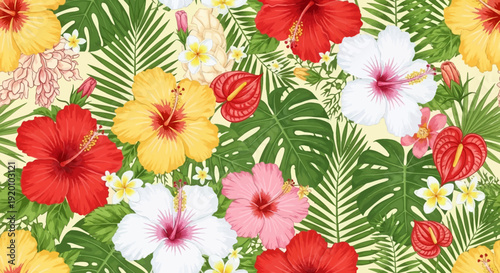 Vibrant tropical floral pattern with lush green leaves and colorful hibiscus flowers