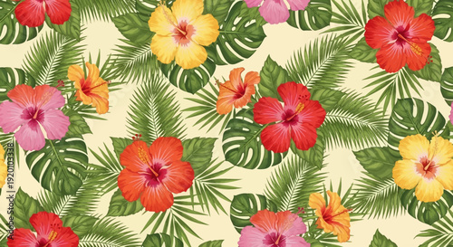 Vibrant tropical flowers and lush green leaves pattern, Whisk-inspired illustration
