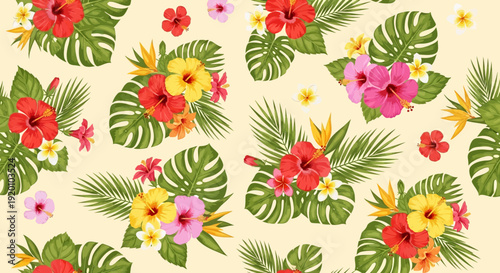 Tropical flowers and leaves pattern in a vibrant and colorful design viewed from directly above