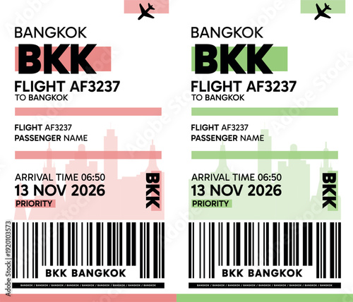Wallpaper Mural BKK, Bangkok, Thailand luggage label, boarding pass template. Vector minimalist illustration with airport code, city destination, flight info. Flat, modern image layout Torontodigital.ca