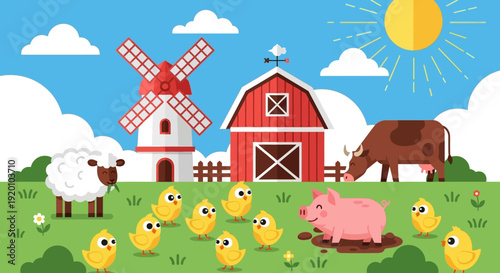 Farm animals grazing peacefully in a green meadow with a red barn and windmill in the background under a sunny sky
