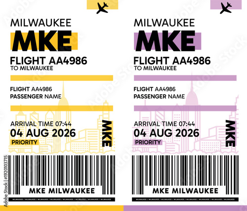 MKE, Milwaukee, USA luggage label, boarding pass template. Vector minimalist illustration with airport code, city destination, flight info. Flat, modern image layout