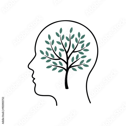 Silhouette of a human head with a green tree growing inside symbolizing growth nature and mental well being in a minimalist style