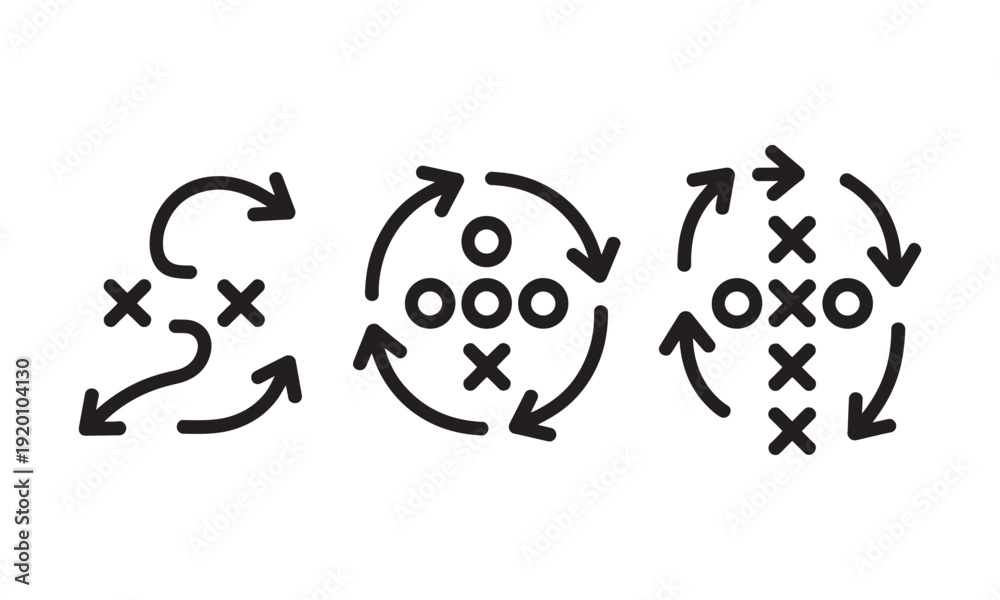 Fototapeta premium Soccer game strategy and tactic plan outline icons vector illustration set isolated on white background.