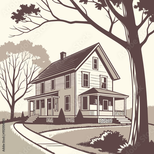 Charming TwoStory House Illustration with Porch and Trees.