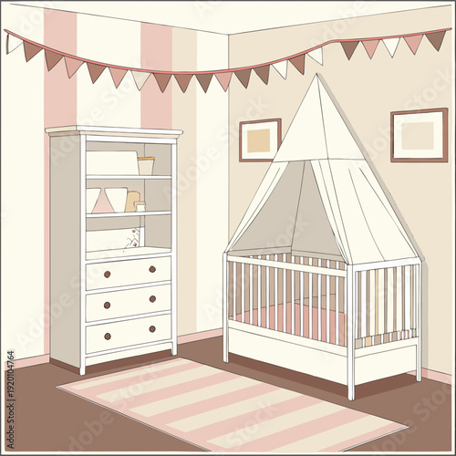 Cozy Nursery Illustration with Crib and Storage Unit.