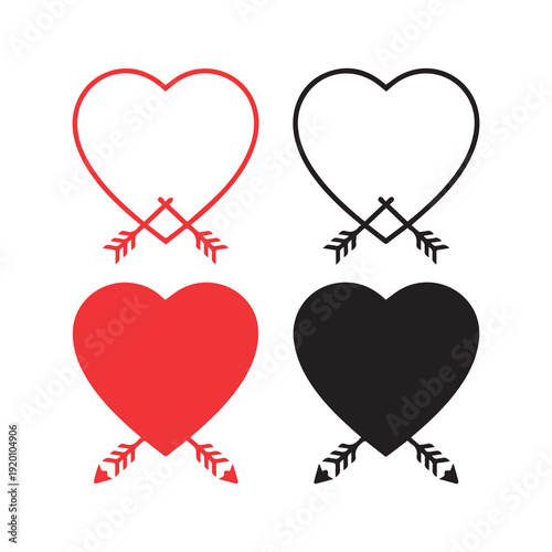 Heart shapes in red and black with arrows crossing through them on a clean white background minimalist symbolic design for love romance valentine's day and emotional concepts