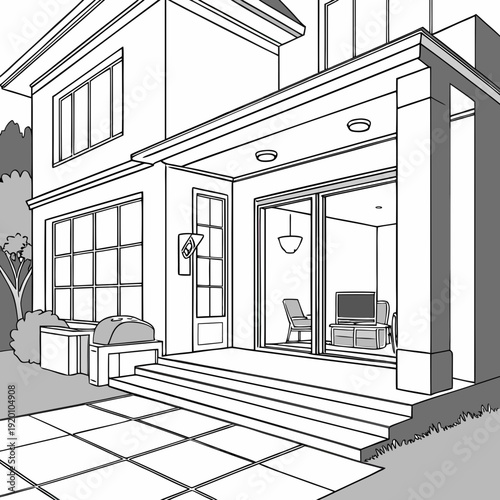Detailed Line Art of a Modern TwoStory House.