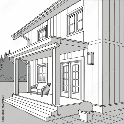 Detailed Line Art of a TwoStory House with Porch.