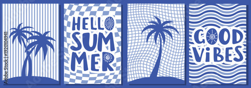 Hello Summer. Collection of groovy, hippie summer card. Abstract retro poster in naive style. Seventies, groovy background. Hippie Aesthetic. Vector print