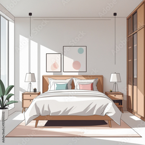 A minimalist illustration of a modern bedroom with a large bed and wooden furniture