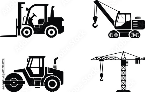 Industrial machinery icons forklift, crawler crane, steamroller, and mobile crane. Black and white vector illustrations representing heavy construction vehicles and equipment.