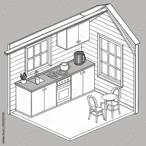 Isometric Kitchen Interior Design with Dining Area and Appliances.