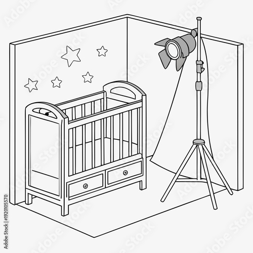 Baby Crib in Photo Studio with Lighting Equipment.