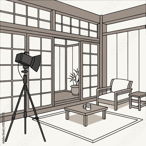 Interior scene with lighting equipment and furniture.