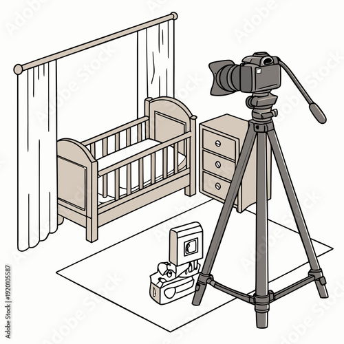 Baby Room Photography Setup with Camera and Crib.