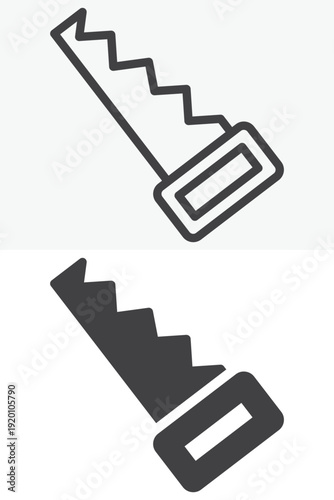 Hand saw icon set in line and solid style. Outline and filled saw icon with editable stroke vector sign and symbol for wood cutting and garden carpentry.