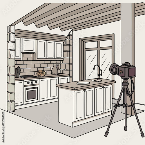 Kitchen Interior Design Sketch with Camera on Tripod.