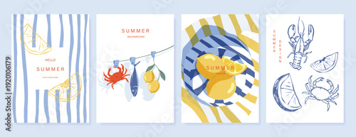 Italy summer party invitation card vector. Italian poster with lemon, leaves, lobster, wine, cheese, tomato, crab, shell in line art. Design for wedding card, greeting card, cover, poster.
