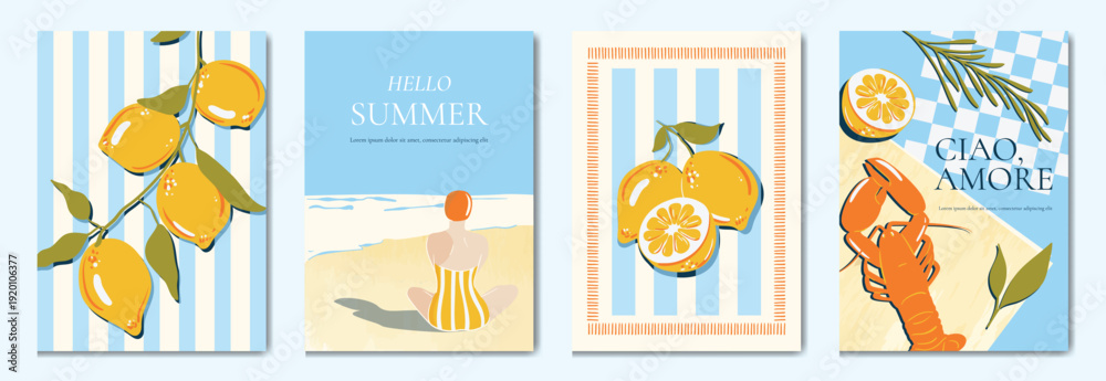 Fototapeta premium Italy summer party invitation card vector. Italian poster with lemon, leaves, lobster, wine, cheese, tomato, crab, shell in line art. Design for wedding card, greeting card, cover, poster.