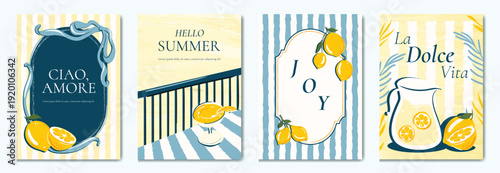Italy summer party invitation card vector. Italian poster with lemon, leaves, lobster, wine, cheese, tomato, crab, shell in line art. Design for wedding card, greeting card, cover, poster.