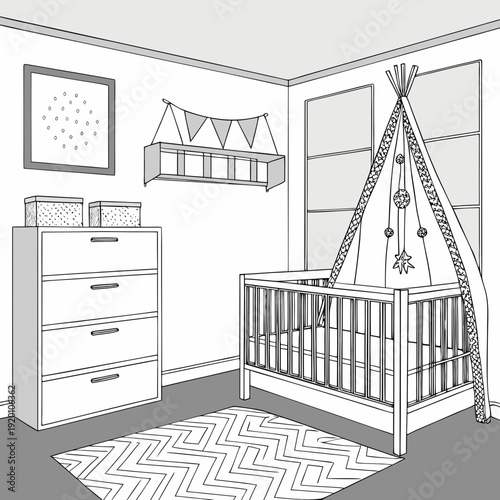Nursery Room Interior Design with Crib and Dresser.