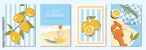 Italy summer party invitation card vector. Italian poster with lemon, leaves, lobster, wine, cheese, tomato, crab, shell in line art. Design for wedding card, greeting card, cover, poster.