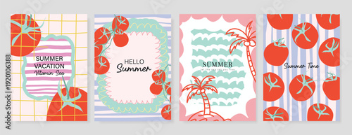 summer party invitation card vector. poster with Fruit , leaves, lobster, wine, cheese, tomato, crab, shell in line art. Design for wedding card, greeting card, cover, poster.