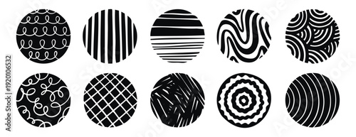 Abstract doodle circles with patterns monochrome line art hand drawn