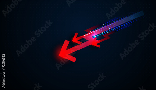 Bold red arrows point down across a dark digital grid, symbolizing quantum technology disruption in modern finance. and Sharp arrows move down with glowing trails