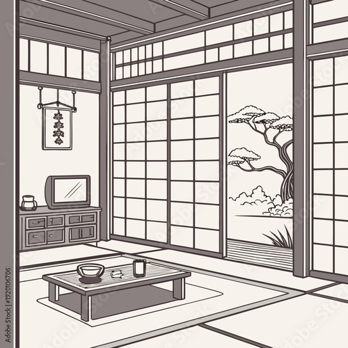 Traditional Japanese Interior with Tatami Mats and Shoji Screens.